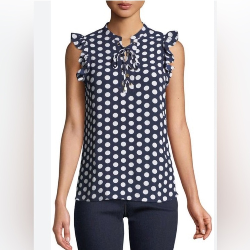 Michael Michael Kors NWT Sz M Navy Polka Dot Ruffle Sleeve Top Ret $88